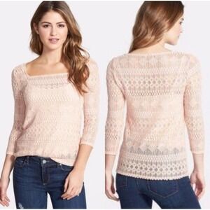 Lucky Brand Blush‎ Lace Crochet Top 3/4 Sleeve Square Neck Size L